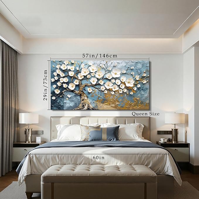 SERIMINO Oversized Wall Art, Tree of Life Wall Art, Modern Art Wall Decor, White Flowers Tree Picture Prints, Elegant Extra Large Paintings for Living Room Bedroom Dining Room Office Hotel 29"x57"