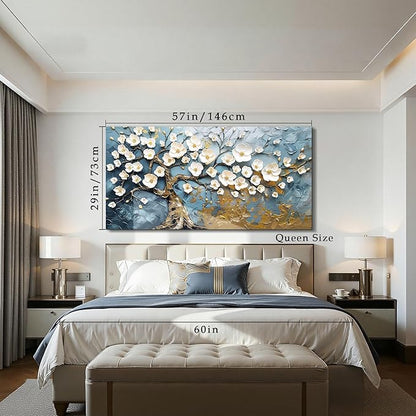 SERIMINO Oversized Wall Art, Tree of Life Wall Art, Modern Art Wall Decor, White Flowers Tree Picture Prints, Elegant Extra Large Paintings for Living Room Bedroom Dining Room Office Hotel 29"x57"
