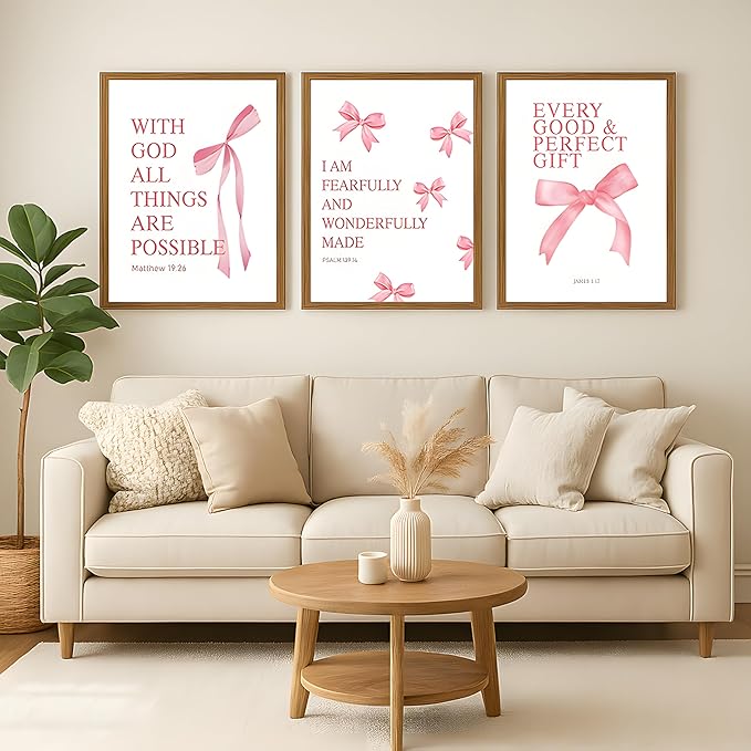 JBZDD Wood Coquette Pink Bow Canvas Wall Art Set of 3, Inspirational Bible Verses Decor Posters Pictures Prints Aesthetic for Girls Room College Apartment Living Room Bedroom Framed 12x16 Inch