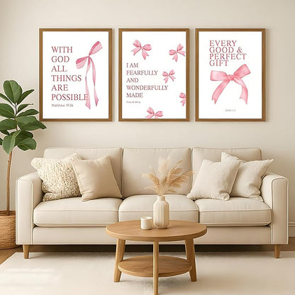 JBZDD Wood Coquette Pink Bow Canvas Wall Art Set of 3, Inspirational Bible Verses Decor Posters Pictures Prints Aesthetic for Girls Room College Apartment Living Room Bedroom Framed 12x16 Inch