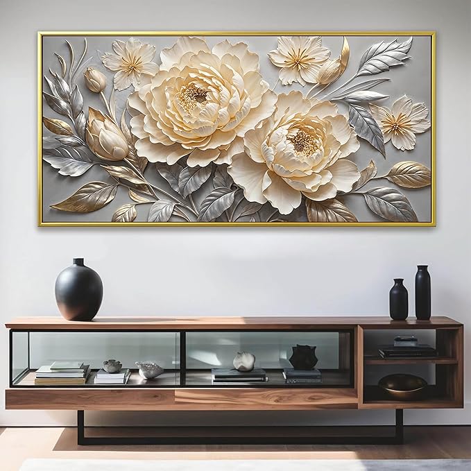 Large Canvas Art Wall Decor Print Silver White Flowers Wall Art Picture Modern Landscape Artwork Painting Gold Framed Wall Art For Living Room Bedroom Home Office Prints Artwork 29" X 58"