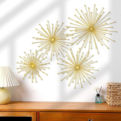 Shimeyao 4 Pcs Metal Starburst Wall Decor Gold Metal Wall Art 3D Spike with Orb Finish Star Burst Hangings Accents Sculptures Set Modern Mid-Century Decorations for Living Room Bedroom Entryway