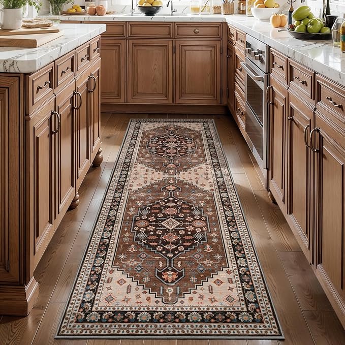 Tangsoo 2x5 Washable Runner Rug for Hallway,Non Slip Vintage Rug Runner for Entryway,Brown Beige Floral Soft Low Pile Floor Carpet Runner for Kitchen Bedroom Laundry Bathroom
