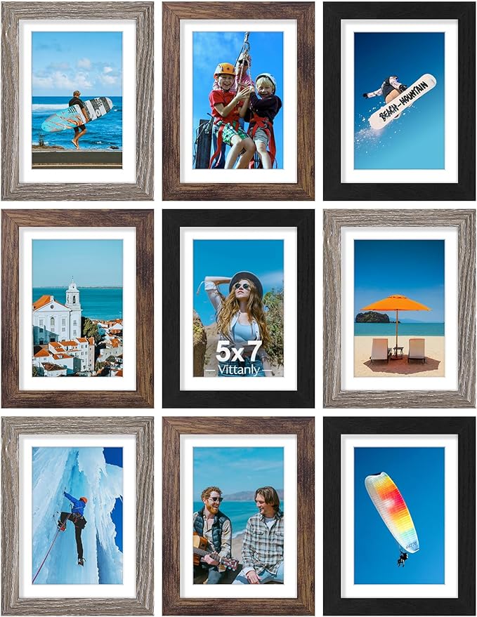Vittanly 5x7 Picture Frames Set of 9, Display 4x6 Pictures with Mat or 5x7 without Mat, Photo Frames for Wall or Tabletop with Plexiglass, Engineered Wood, Black&Brown&Dark Grey