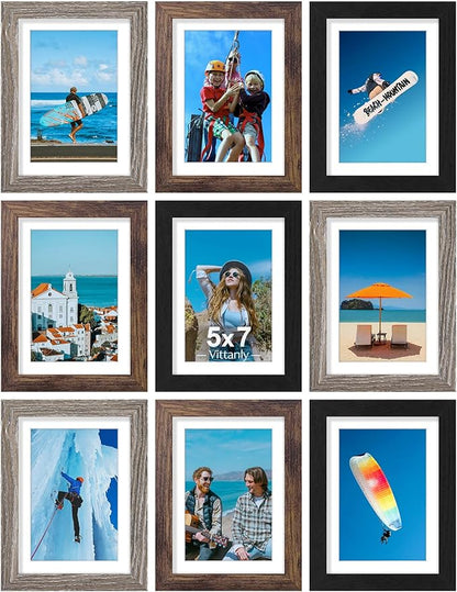 Vittanly 5x7 Picture Frames Set of 9, Display 4x6 Pictures with Mat or 5x7 without Mat, Photo Frames for Wall or Tabletop with Plexiglass, Engineered Wood, Black&Brown&Dark Grey