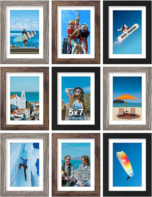 Vittanly 5x7 Picture Frames Set of 9, Display 4x6 Pictures with Mat or 5x7 without Mat, Photo Frames for Wall or Tabletop with Plexiglass, Engineered Wood, Black&Brown&Dark Grey