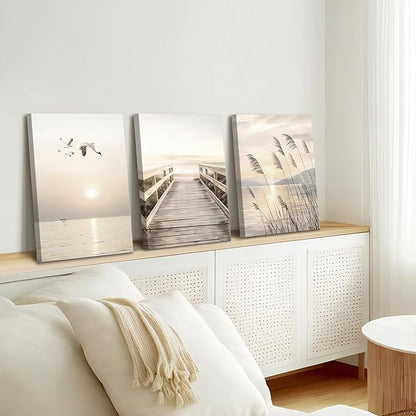 WENGTIAO 3Pcs Seascape Wall Art Beige Reeds Sunset Canvas Paintings Ocean Beach Scenic Prints Pictures Rustic Bridge Boardwalk Wall Decor Seagulls Artwork Posters for Living Room Bedroom 16”x24”x3