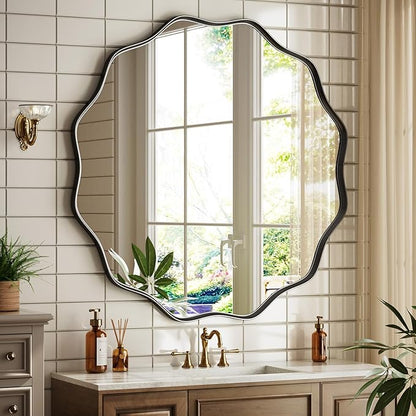 Round Wavy Mirror 42 Inch Bathroom Vanity Mirror Metal Frame Circle Wall Mounted Mirror for Bedroom Living Room Entryway Black