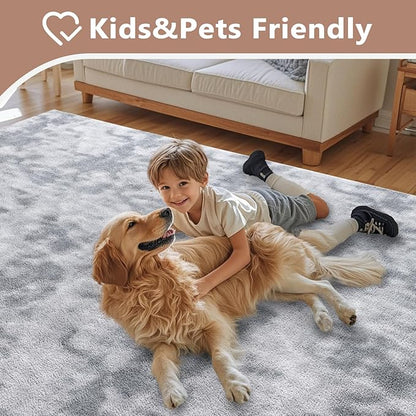 FinRèc 6x9 Washable Area Rugs for Bedroom Living Room, Low Pile Thin Ultra Soft Shag Rug, Non-Slip Carpet Indoor for Home Decor (Tie-dye Grey)