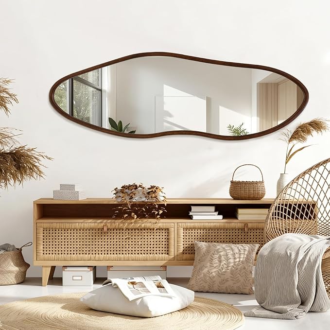Irregular 65"x22" Wood Frame Full Length Mirror, Long Wall-Mounted Mirrors, Large Body Hanging Mirror for Living Room, Decorative Vanity Mirrors for Entryway, Bedroom,Horizontal/Vertical, Walnut