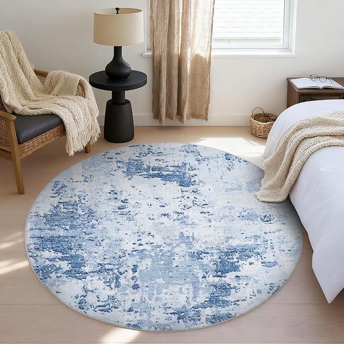 ROYHOME Modern Abstract 8x8 Round Area Rug Non Slip Non Shedding Rug Low Pile Stain Resistant for Bedroom Living Room Office Dining Room,Light Blue