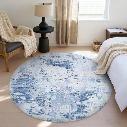 ROYHOME Modern Abstract 8x8 Round Area Rug Non Slip Non Shedding Rug Low Pile Stain Resistant for Bedroom Living Room Office Dining Room,Light Blue