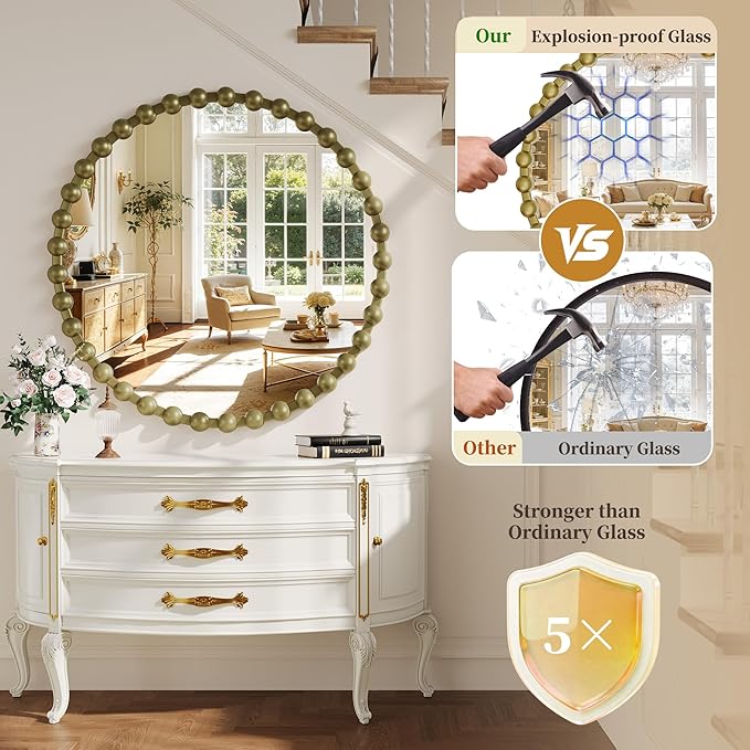 Round Mirror for Wall, 36 Inch Bronze Round Vanity Mirror with Beaded Frame, Modern Decorative Wall Mirror for Bathroom, Entryway, Bedroom, Living Room, Shatter-Proof Tempered Glass, Bronze