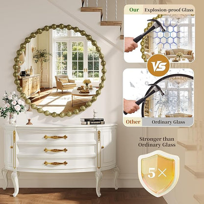 Round Mirror for Wall, 36 Inch Bronze Round Vanity Mirror with Beaded Frame, Modern Decorative Wall Mirror for Bathroom, Entryway, Bedroom, Living Room, Shatter-Proof Tempered Glass, Bronze