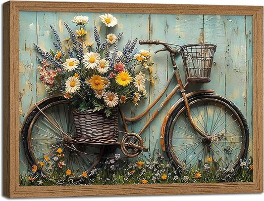 Framed Rustic Farmhouse Daisy Wall art Vintage Bicycle Flowers Painting Picture Wall Decor Flower Still Life Poster Print Artwork for Bathroom Living Room Bedroom Home Decoration