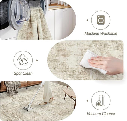 Soalmost 6x9 Abstract Area Rugs for Living Room 6 x 9 Washable Non Slip Low Pile Gray Rugs for Bedroom Dining Room Foldable Thin Beige Gray