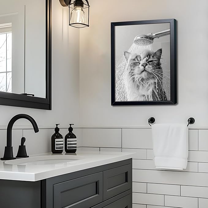 XYHYRA Cute Cat Bathroom Decor Funny Animal Bathroom Wall Art Cat Bathing Wall Decor Poster Painting Black and White Canvas Print Artwork Modern Farmhouse Restroom Home Decoration 12x16 Inch Wood Framed