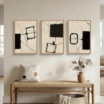 HOURIA Nordic Abstract Black & Beige Brush Stroke Framed Canvas Wall Art Set,Minimalist Geometric Grunge Line Shapes Ink Sketch Decor,Neutral Modern Drawing Artwork for Living Room,Farmhouse-16"x24"x3