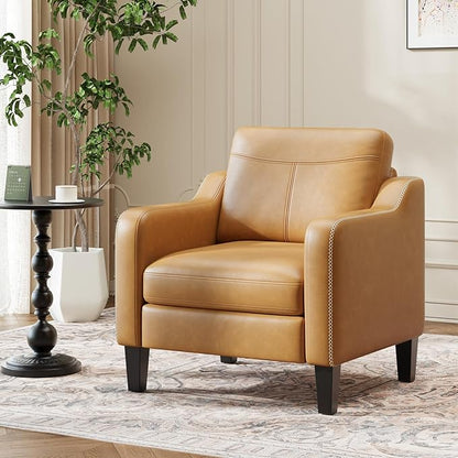 MALOL PU Leather Accent Chair Set of 2, Mid-Century Modern Living Room Armchair Sofa with Removable Cushions, Solid Wood Frame & Stitched Armrest Design, Bedroom Chair with Plastic Legs, Brown