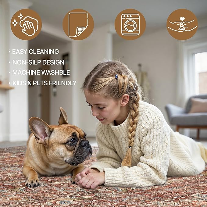 Bavni 2x5 Runners Machine Washable Boho Rug Runners for Hallway,Ultra-Thin Low Pile Rug,Lightweight Carpet,Non Slip Floral Runners for Enrtyway, Corridor, Home Office, Kitchen,Terracotta/Indigo