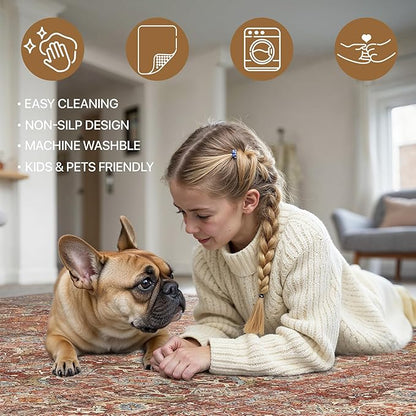 Bavni 2x5 Runners Machine Washable Boho Rug Runners for Hallway,Ultra-Thin Low Pile Rug,Lightweight Carpet,Non Slip Floral Runners for Enrtyway, Corridor, Home Office, Kitchen,Terracotta/Indigo