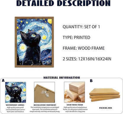 Framed Black Cat Wall Art, Van Gogh Starry Night Canvas Wall Decor, Cute Cat Animal Poster Print Picture, Impressionist Artwork Oil Painting for Bedroom Living Room Nursery 12x16 Inch