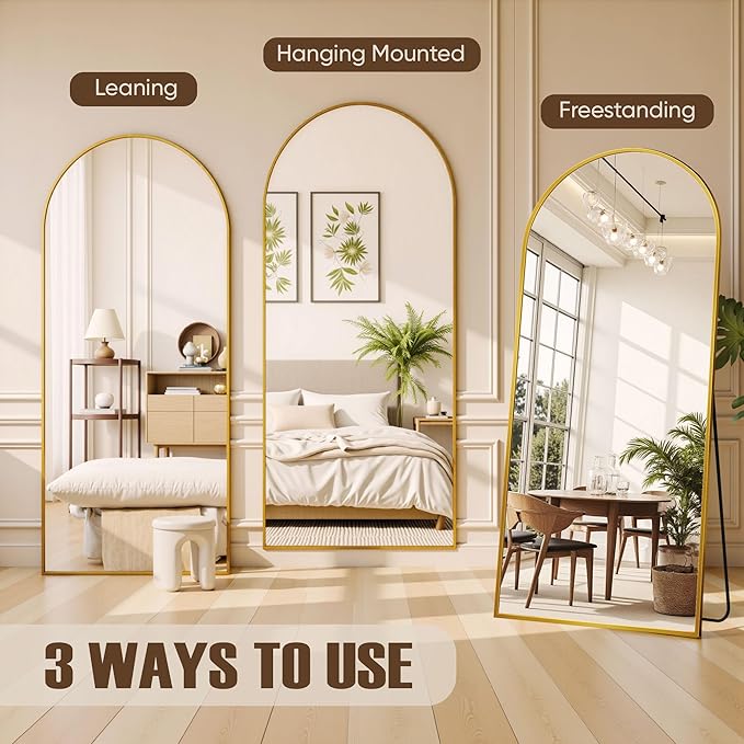Full Length Mirror, 72"x44" Arched Full Body Mirror, Floor Mirrors with Stand, Body Mirrors Standing Hanging Leaning Against Wall,Aluminum Frame Mirrors for Bedroom Cloakroom,Living Room,Gold