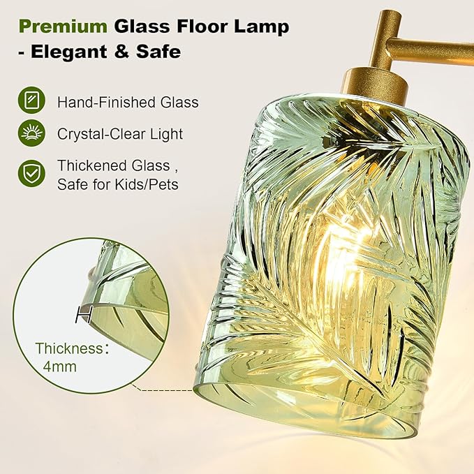 【Upgraded】 Dimmable Glass Floor Lamp for Living Room, Modern Gold Standing Lamp with Green Feather Glass Lampshade & Knob Dimmer, Arc Tall Lamp for Bedroom Office Reading Room, 2700K Led Bulb Included