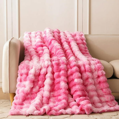 COOVA Faux Fur Throw Blanket for Couch, Cozy Soft and Fuzzy Plush Rabbit Fur Bubble Blanket for Sofa Bedroom Living Room, 60x80 Inches Tie Dye Pink