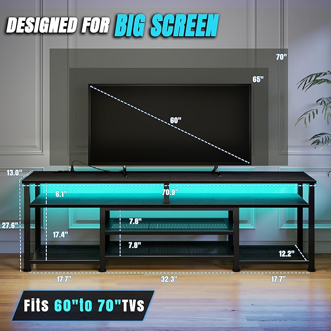 Korfile TV Stand for 65/75/80 inch TV, 71 in Entertainment Center with LED Lights and Power Outlets, TV Console Table with Open Shelves for Living Room and Bedroom, Black