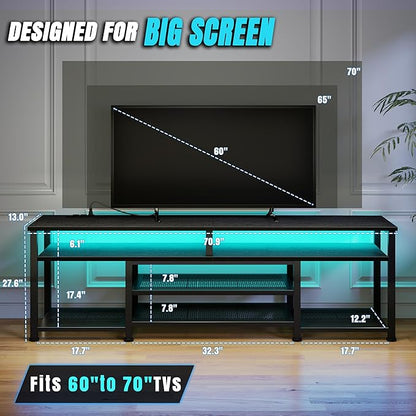 Korfile TV Stand for 65/75/80 inch TV, 71 in Entertainment Center with LED Lights and Power Outlets, TV Console Table with Open Shelves for Living Room and Bedroom, Black