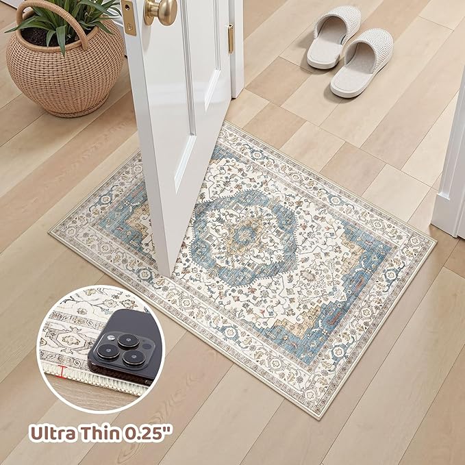 2x3 Washable Entryway Rug: Non-Slip Soft Small Indoor Area Rug for Bedroom Kitchen, Low Pile Stain-Resistant Durable Vintage Floral Carpet for Porch Laundry Kids Room Home Decor (Blue)