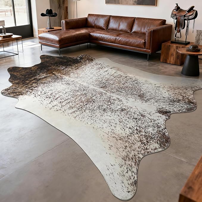8x10 Large Cowhide Rug, Washable Faux Brown and White Hide Area Rugs for Living Room, Classic Western Brindle Animal Print Carpet for Under Dining Table, Synthetic Vegan Leather Decor