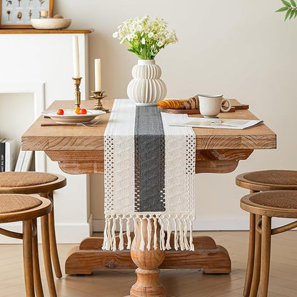 FEXIA Boho Table Runner for Summer Home Decor with Tassels 90 Inches Long Farmhouse Grey Rustic Burlap Table Runner Macrame Table Decoration for Kitchen Bedroom Living Room (12x90 Inches)