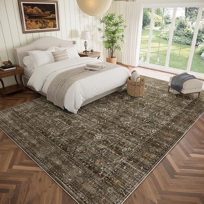 Washable 9x12 Area Rugs for Living Room, Boho Non-Slip Vintage Distress Lager Rugs for Bedroom Dining Room Nursery Office, 0.3" Neutral Oriental Throw Thin Carpet, Rust/Multi, D2