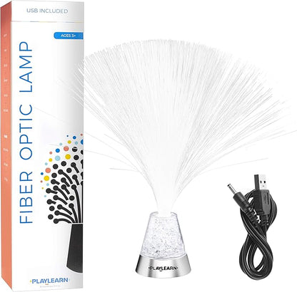 Playlearn 13” LED Fiber Optic Lamp - USB/Battery Powered – Color Changing Crystal Base – Fiber Optic Light Sensory Lamp