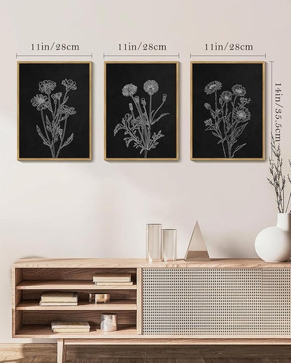 Drsoum Black White Flower Wall Art Vintage Minimalist Floral Wall Hanging Decor Botanical Prints Artwork for Office Dining Room Hallway 11x14in Natural Framed