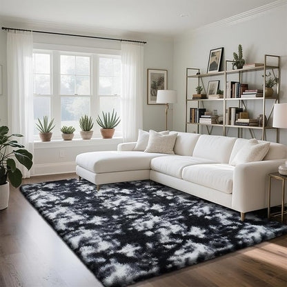 Fluffy Rug Shag Area Rug, Mottling Black 4x6 Area Rugs for Bedroom, Small Bedside Rug, Soft Fluffy Shag Entryway Throw Rugs for Living Room Bedroom Kids Room Home Decor