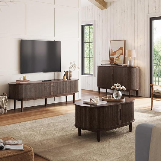 LINSY HOME Fluted TV Stand for 75" TV, Mid-Century Modern 70" Entertainment Center with Sliding Tambour Door and Storage Cabinet, Cruved TV Media Console Table for Living Room, Bedroom, Walnut
