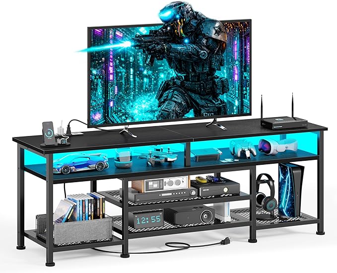 Korfile TV Stand for 60/65/70 inch TV, 63 in Gaming Entertainment Center with LED Lights and Power Outlets, TV Console Table with Open Shelves for Living Room and Bedroom, Black