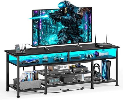 Korfile TV Stand for 60/65/70 inch TV, 63 in Gaming Entertainment Center with LED Lights and Power Outlets, TV Console Table with Open Shelves for Living Room and Bedroom, Black