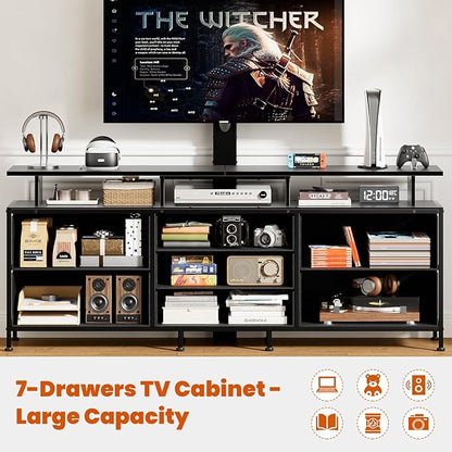 REAHOME TV Stand with Mount, 63" Entertainment Center for 32/45/55/60/65/70 inch TVs, Media Console Table with 7 Drawers, Height Adjustable Mount, Dresser TV Stand for Living Room, Carbon Fiber Black