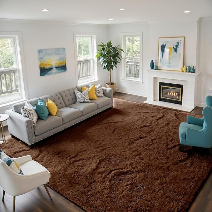 yongyangjuxin Fluffy Rug Shag Area Rug, Brown 8x10 Area Rugs for Living Room, Large Shag Area Rugs for Bedroom Kids Room Home Decor, Upgrade Anti-Skid Rectangular Fuzzy Rugs