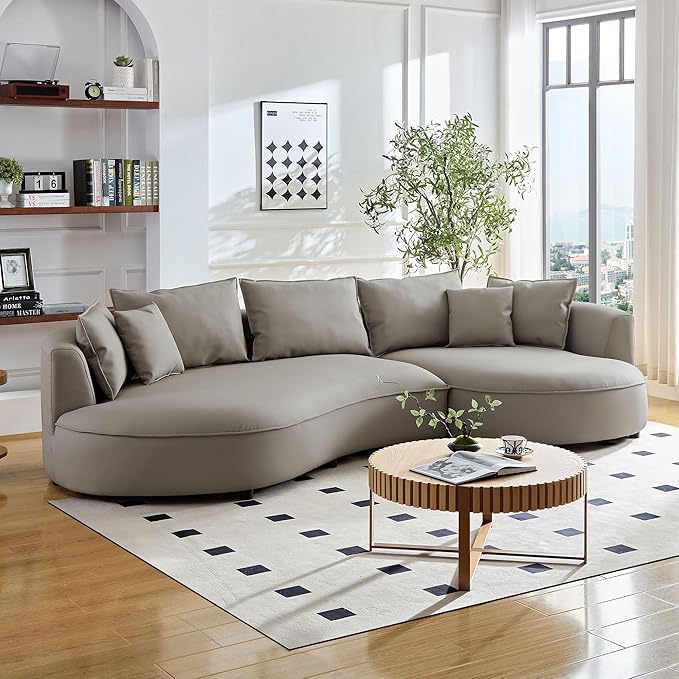 WILLIAMSPACE 124.8" Leather Curved Sofa Couch, Modern Upholstery Luxury Sofa with Pillows, Left Hand Facing Sectional Couch for Living Room (Right-Facing,Light Grey Leather)