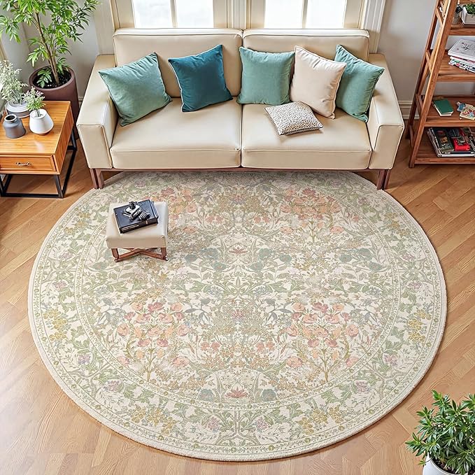Lunasun Classic 7ft Round Sage Green Rugs for Living Room - Washable Non Slip Floral Area Rugs for Bedroom, Dining Under Table, Kids Room, Home Office, Vintage Indoor Décor