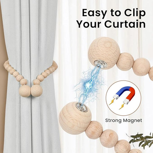 KLOGTSIND Magnetic Curtain Tiebacks, Curtain Tie Backs for Curtains 6 Pack, Wood Bead Curtain Tiebacks, Curtain Holders for Boho Bedroom Decor, Baby Nursery Decor, Farmhouse Décor