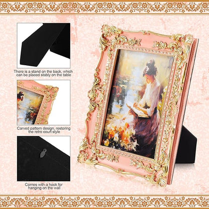 Geetery 4 Pcs Vintage Picture Frames Set, Pink Ornate Baroque Frames for Gallery Wall, Antique Victorian Decorative Photo Frame for Tabletop or Wall Display, Shabby Cottagecore Home Decor