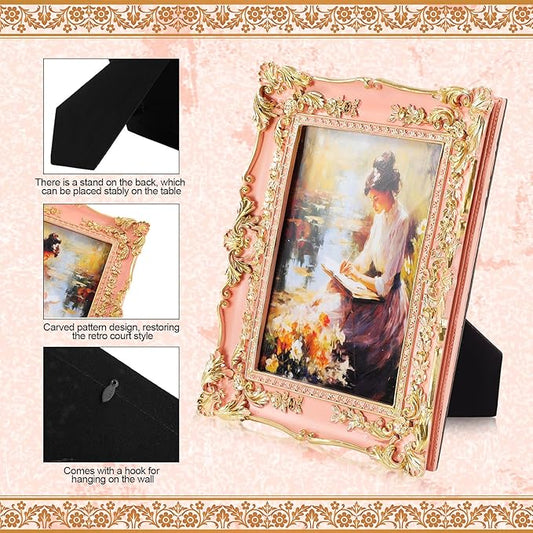 Geetery 4 Pcs Vintage Picture Frames Set, Pink Ornate Baroque Frames for Gallery Wall, Antique Victorian Decorative Photo Frame for Tabletop or Wall Display, Shabby Cottagecore Home Decor