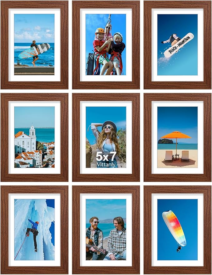 Vittanly 5x7 Picture Frames Set of 9, Display 4x6 Pictures with Mat or 5x7 without Mat, Photo Frames for Wall or Tabletop with Plexiglass, Engineered Wood, Wood Grain Brown