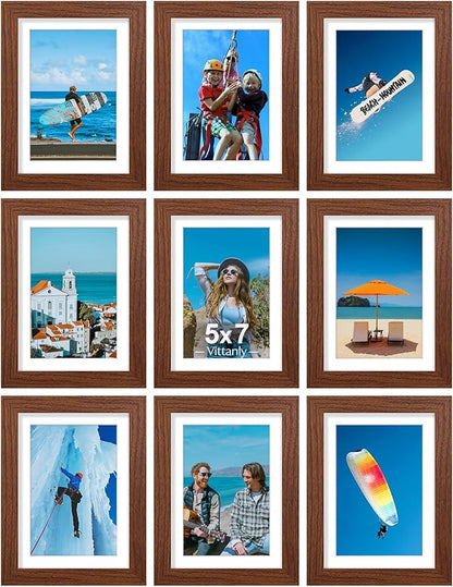 Vittanly 5x7 Picture Frames Set of 9, Display 4x6 Pictures with Mat or 5x7 without Mat, Photo Frames for Wall or Tabletop with Plexiglass, Engineered Wood, Wood Grain Brown